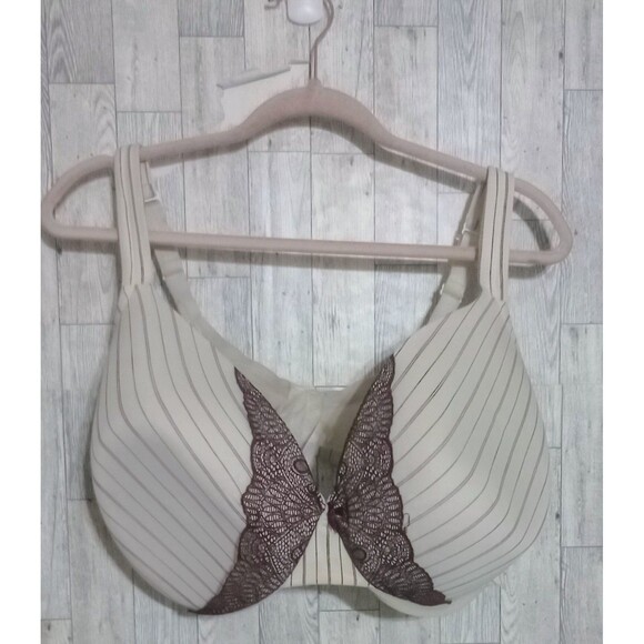 Cacique Bra Full Coverage Lace Padded Underwire‎ Beige Brown Bow Detail Size 44F - Picture 1 of 6
